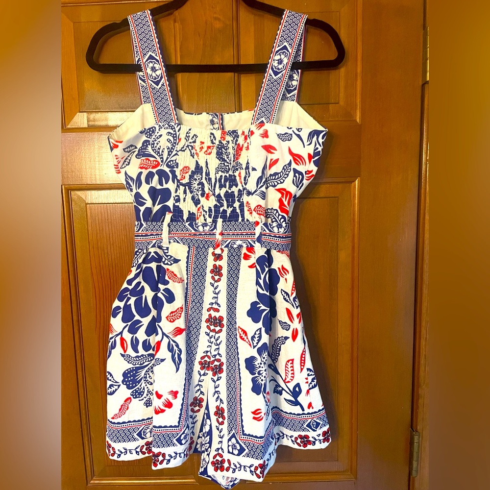 Rachel Zoe Blue and Red Tropical Print Linen Romper Size 10 - Picture 2 of 3